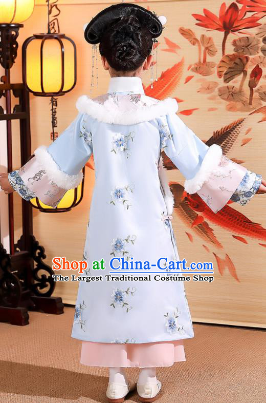 China Qing Dynasty Children Princess Clothing Girl Stage Show Winter Costumes Traditional Court Kid Embroidered Blue Qipao Dress
