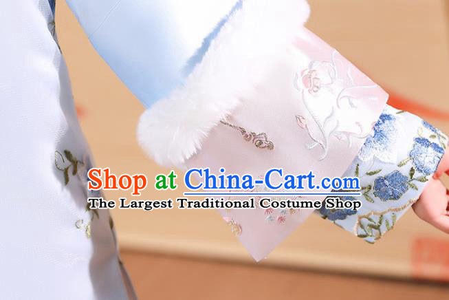 China Qing Dynasty Children Princess Clothing Girl Stage Show Winter Costumes Traditional Court Kid Embroidered Blue Qipao Dress
