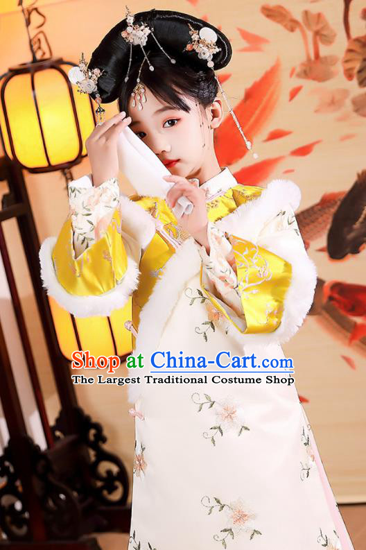 China Traditional Court Kid Embroidered Beige Qipao Dress Qing Dynasty Children Princess Clothing Girl Stage Show Winter Costumes