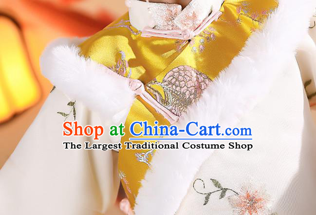 China Traditional Court Kid Embroidered Beige Qipao Dress Qing Dynasty Children Princess Clothing Girl Stage Show Winter Costumes