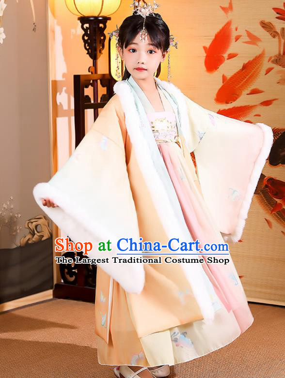 China Girl Stage Show Costumes Traditional Winter Kid Yellow Hanfu Dress Tang Dynasty Children Princess Clothing