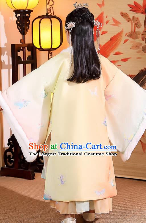 China Girl Stage Show Costumes Traditional Winter Kid Yellow Hanfu Dress Tang Dynasty Children Princess Clothing