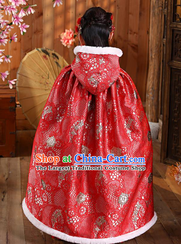 China Ming Dynasty Children Princess Clothing Girl Stage Show Cloak Costume Traditional Winter Red Hanfu Cape