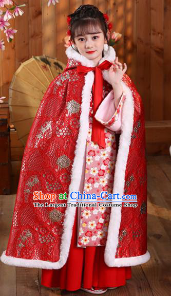 China Ming Dynasty Children Princess Clothing Girl Stage Show Cloak Costume Traditional Winter Red Hanfu Cape