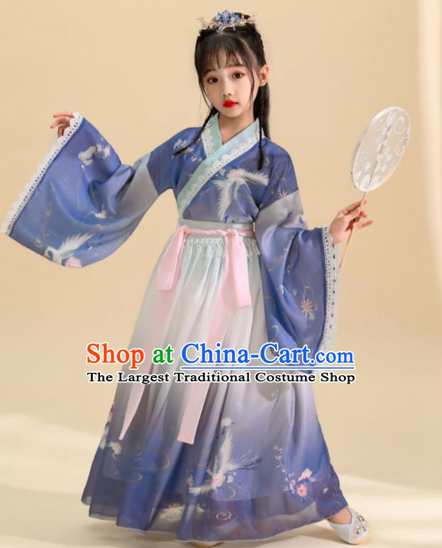 China Traditional Girl Stage Show Blue Hanfu Dress Ming Dynasty Children Princess Clothing Ancient Children Costumes