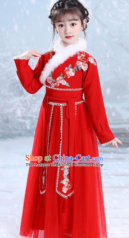 China Ming Dynasty Girl Clothing Children Stage Show Garment Costumes Traditional New Year Red Hanfu Dress