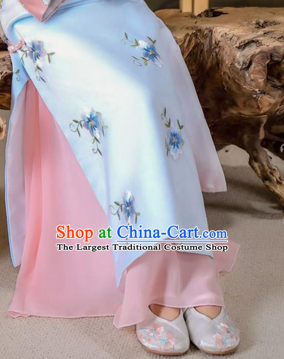 China Ancient Children Costumes Traditional Stage Show Blue Qipao Dress Qing Dynasty Girl Princess Clothing