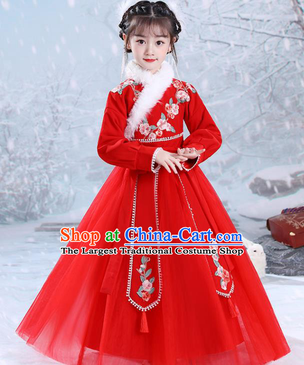 China Ming Dynasty Girl Clothing Children Stage Show Garment Costumes Traditional New Year Red Hanfu Dress