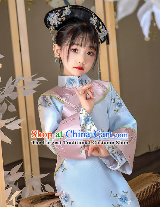 China Ancient Children Costumes Traditional Stage Show Blue Qipao Dress Qing Dynasty Girl Princess Clothing