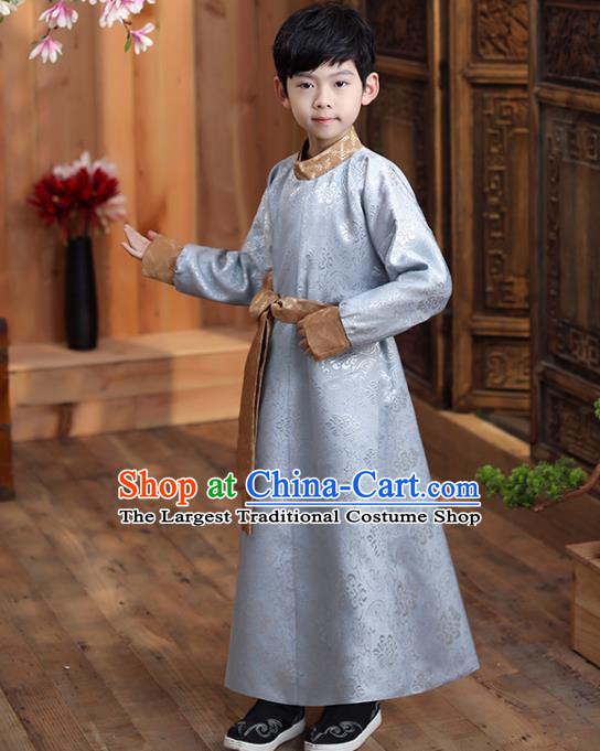 Chinese Traditional Stage Performance Costume Ancient Children Childe Argent Robe Qing Dynasty Boys Prince Clothing