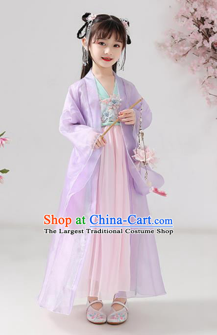 China Ming Dynasty Girl Princess Clothing Ancient Children Costumes Traditional Stage Show Lilac Hanfu Dress