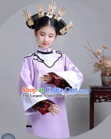 China Qing Dynasty Children Princess Clothing Ancient Imperial Consort Garment Costume Traditional Stage Show Girl Purple Qipao Dress