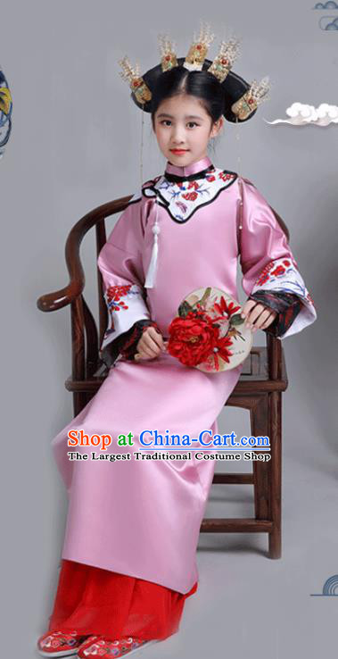 China Traditional Stage Show Girl Rosy Qipao Dress Qing Dynasty Children Princess Clothing Ancient Imperial Consort Garment Costume