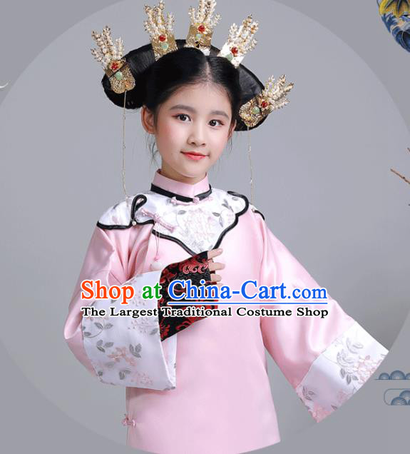 China Ancient Children Princess Garment Costume Traditional Stage Show Girl Pink Qipao Dress Qing Dynasty Imperial Consort Clothing