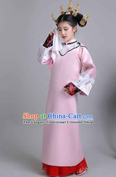 China Ancient Children Princess Garment Costume Traditional Stage Show Girl Pink Qipao Dress Qing Dynasty Imperial Consort Clothing