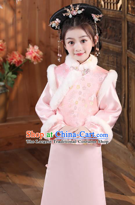 China Children Stage Show Cheongsam Traditional Court Pink Qipao Dress Qing Dynasty Girl Princess Clothing