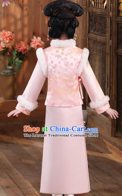 China Children Stage Show Cheongsam Traditional Court Pink Qipao Dress Qing Dynasty Girl Princess Clothing