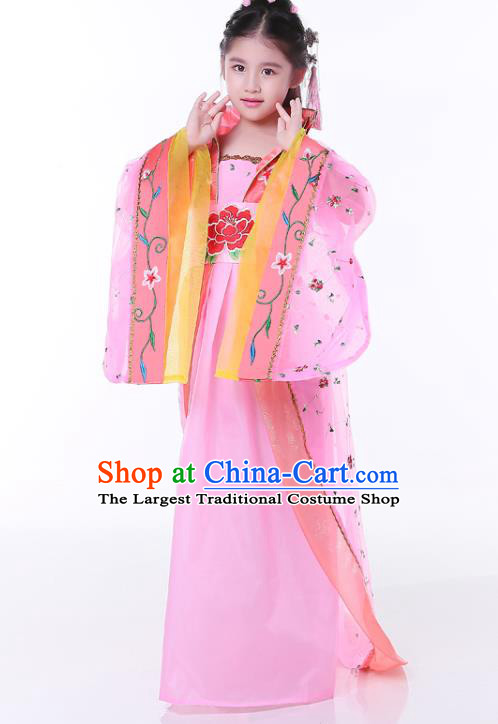 China Ancient Girl Fairy Garment Costume Traditional Children Pink Hanfu Dress Tang Dynasty Imperial Consort Clothing