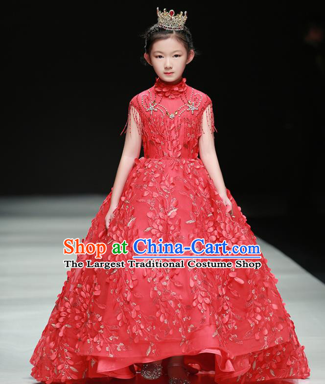 Professional Children Piano Performance Formal Clothing Stage Show Garment Costume Girl Catwalks Red Full Dress