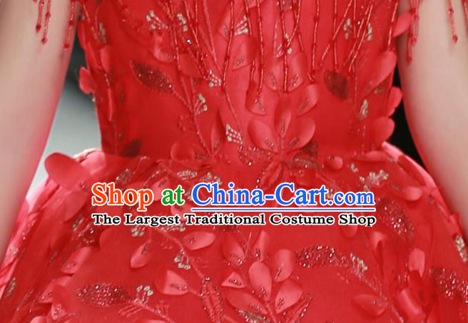Professional Children Piano Performance Formal Clothing Stage Show Garment Costume Girl Catwalks Red Full Dress