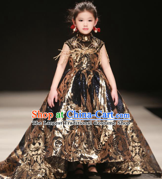 Professional Children Piano Performance Formal Clothing Girl Stage Show Fashion Costume Baroque Catwalks Trailing Full Dress
