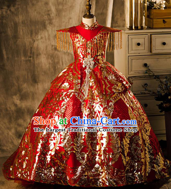 Professional Baroque Catwalks Red Trailing Full Dress Children Performance Formal Clothing Girl Stage Show Fashion Costume