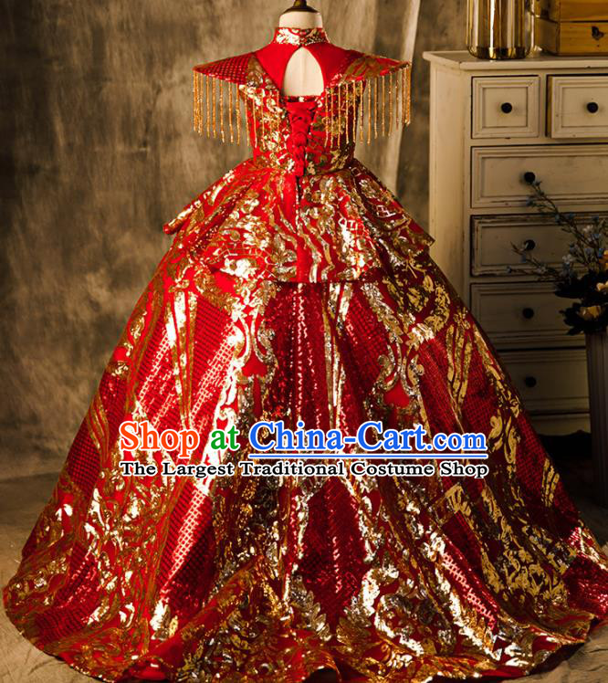 Professional Baroque Catwalks Red Trailing Full Dress Children Performance Formal Clothing Girl Stage Show Fashion Costume