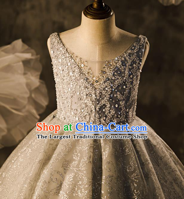 Professional Flower Girl Stage Show Fashion Clothing Catwalks Grey Trailing Full Dress Children Piano Performance Formal Costume