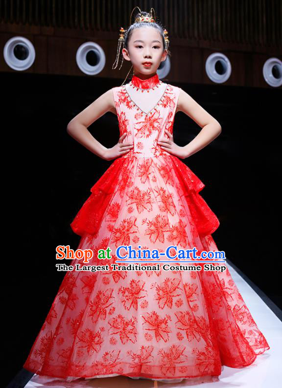 Professional Catwalks Trailing Full Dress Children Piano Performance Formal Costume Flower Girl Stage Show Fashion Clothing