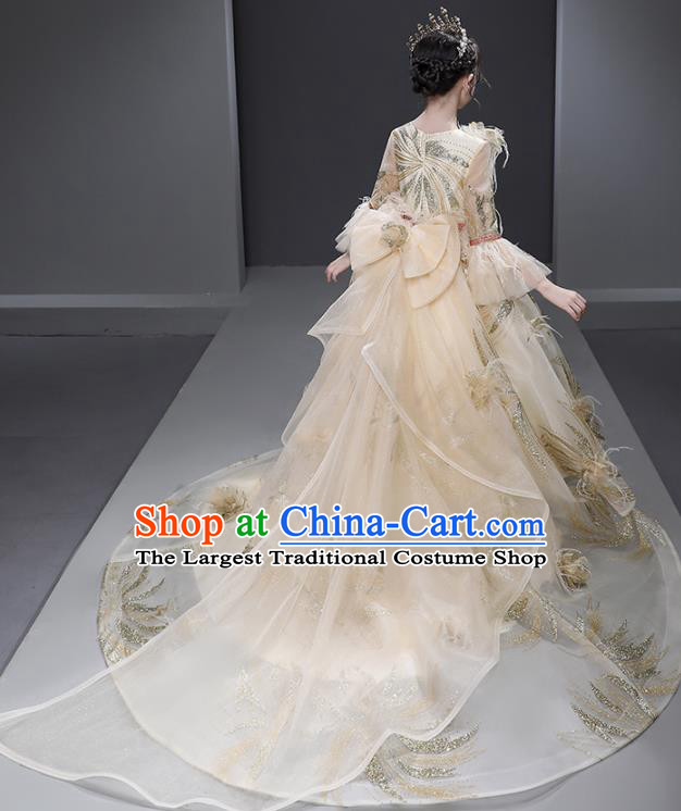 Professional Children Compere Formal Costume Flower Girl Garment Stage Show Fashion Clothing Catwalks Beige Trailing Evening Dress