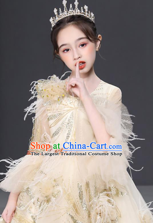 Professional Children Compere Formal Costume Flower Girl Garment Stage Show Fashion Clothing Catwalks Beige Trailing Evening Dress