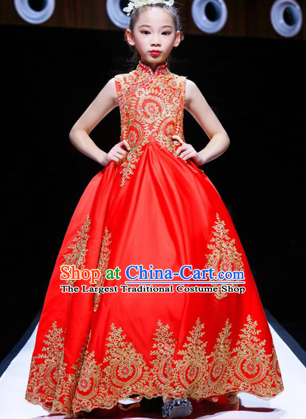 Professional Girl Stage Show Fashion Clothing Catwalks Red Evening Dress Children Compere Formal Costume