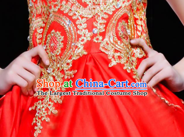Professional Girl Stage Show Fashion Clothing Catwalks Red Evening Dress Children Compere Formal Costume