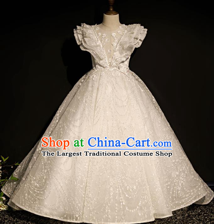 Professional Children Compere Formal Costume Girl Princess Stage Show Fashion Clothing Catwalks White Evening Dress