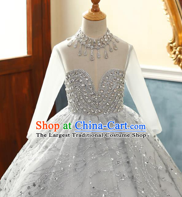 Professional Catwalks Diamante Grey Evening Dress Children Compere Formal Costume Girl Princess Stage Show Fashion Clothing