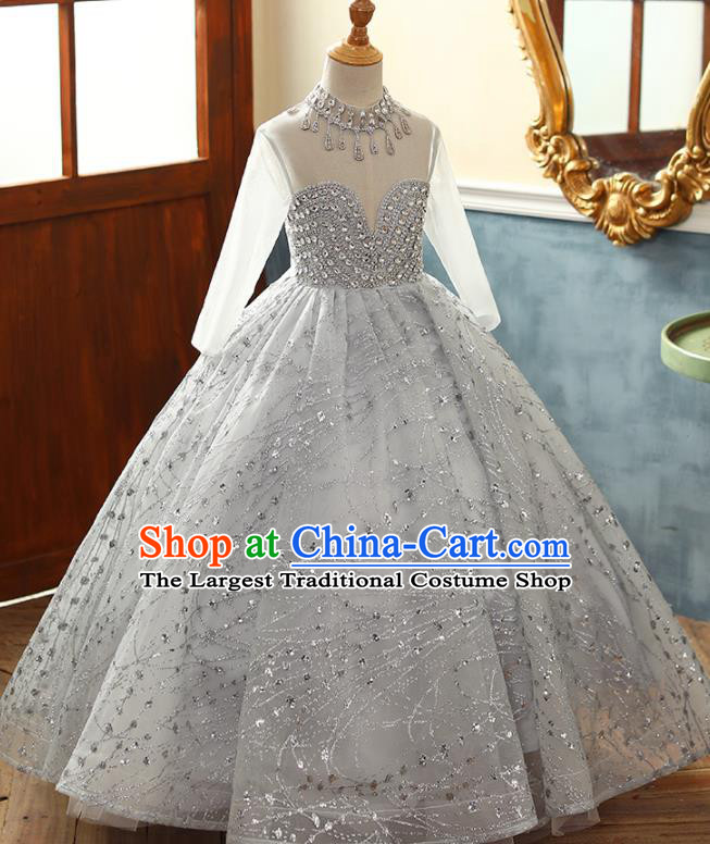 Professional Catwalks Diamante Grey Evening Dress Children Compere Formal Costume Girl Princess Stage Show Fashion Clothing