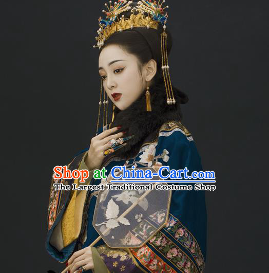 China Ancient Imperial Consort Garment Costumes Qing Dynasty Noble Woman Blue Dress Clothing Complete Set