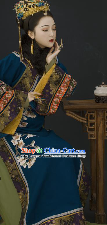 China Ancient Imperial Consort Garment Costumes Qing Dynasty Noble Woman Blue Dress Clothing Complete Set