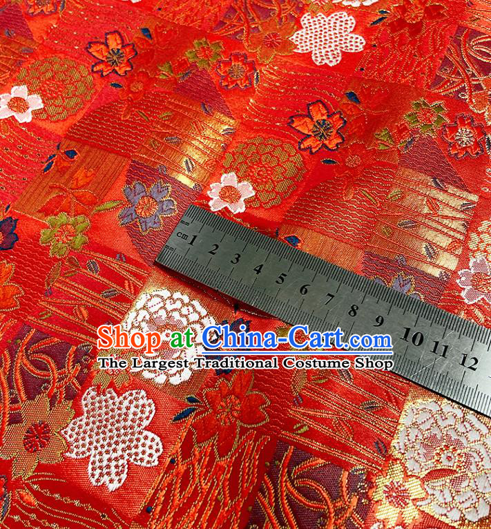 Asian Camellia Pattern Satin Drapery Japanese Traditional Tapestry Fabric Kimono Red Nishijin Brocade