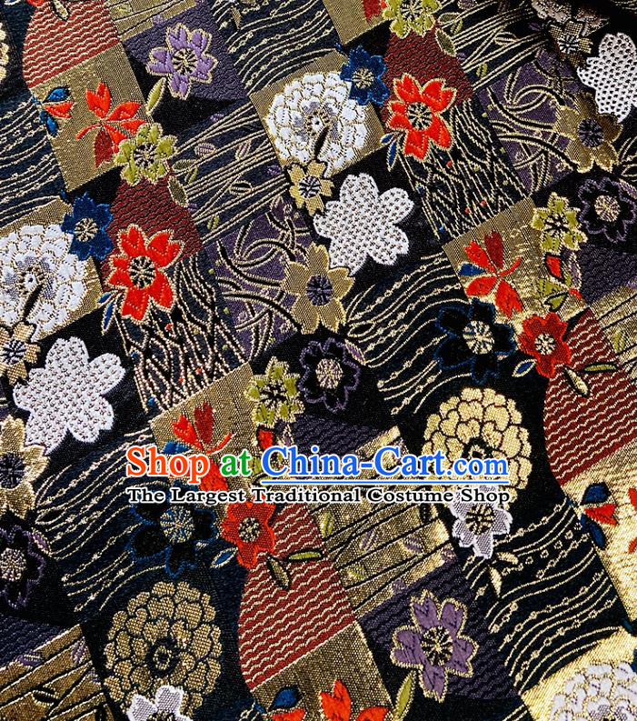 Japanese Traditional Tapestry Fabric Asian Kimono Black Nishijin Brocade Camellia Pattern Satin Drapery