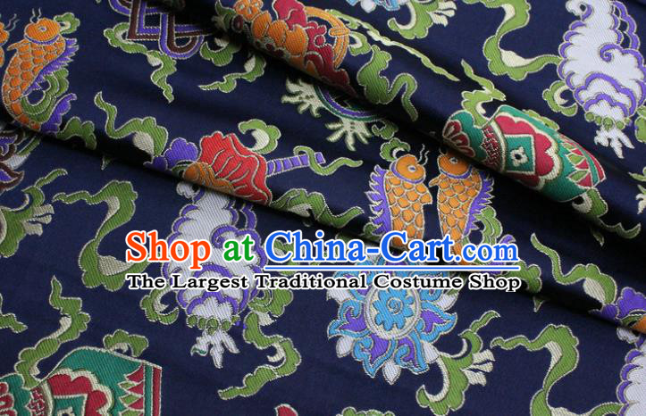 China Mongolian Robe Navy Satin Damask Classical Eight Treasures Pattern Tapestry Traditional Silk Fabric Jacquard Nanjing Brocade