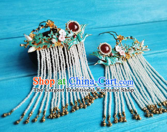 Chinese Ming Dynasty Court Lady Hair Crown Ancient Princess Tassel Hairpin Traditional Wedding Hair Accessories Full Set