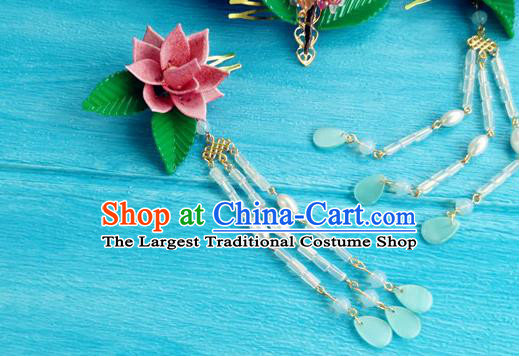 Chinese Song Dynasty Imperial Consort Tassel Hairpins Traditional Hanfu Hair Accessories Ancient Court Woman Pink Lotus Hair Combs
