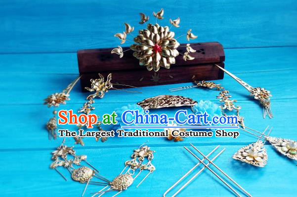 Chinese Tang Dynasty Imperial Consort Hairpins Traditional Hanfu Hair Accessories Ancient Empress Golden Peony Hair Crown