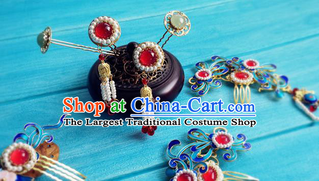 Chinese Ming Dynasty Queen Cloisonne Hairpin Traditional Hanfu Hair Accessories Ancient Empress Tassel Hair Combs Full Set