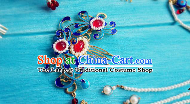 Chinese Ming Dynasty Queen Cloisonne Hairpin Traditional Hanfu Hair Accessories Ancient Empress Tassel Hair Combs Full Set