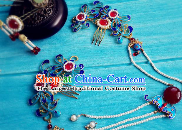 Chinese Ming Dynasty Queen Cloisonne Hairpin Traditional Hanfu Hair Accessories Ancient Empress Tassel Hair Combs Full Set