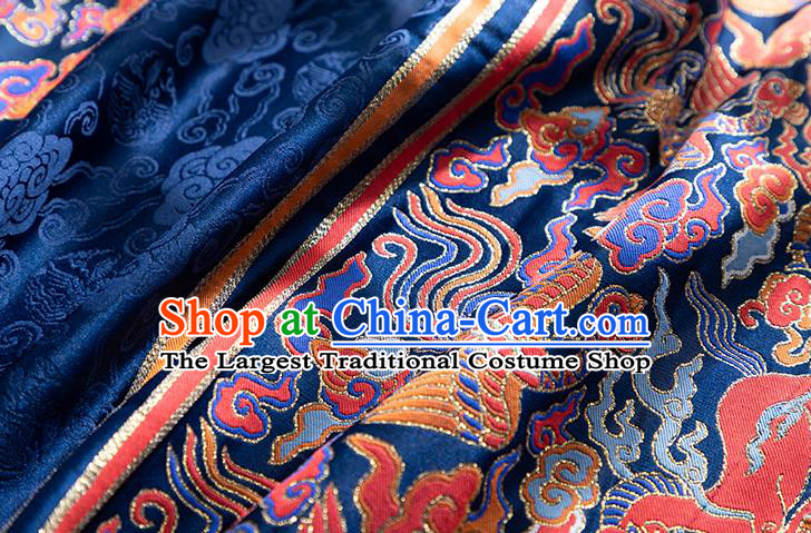 Asian Chinese Hanfu Dress Zhuanghua Satin Jacquard Drapery Ming Dynasty Deep Blue Tapestry Fabric Traditional Phoenix Pattern Brocade