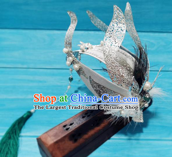 Chinese Traditional Warring States Period Childe Headpiece Ancient Swordsman Argent Hairdo Crown Drama Born in Limbo Prince Hair Accessories