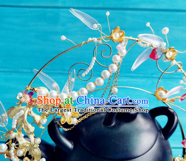 Chinese Ancient Goddess Golden Hair Crown Tang Dynasty Princess Hairpin Traditional Hanfu Pearls Tassel Hair Clasp